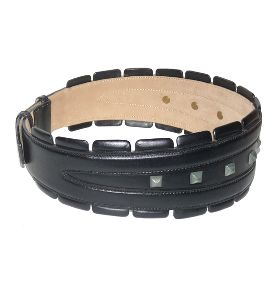 Ceinture Large En Cuir Noir G&G Srl Italy - Taille 85 - Occasion Vintage - Style Classique Italien
