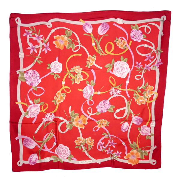 Foulard Vintage Codello En Soie 100% - Motif Tulipes Rouges Sur Fond Blanc - Dimensions 85x87 Cm - Occasion