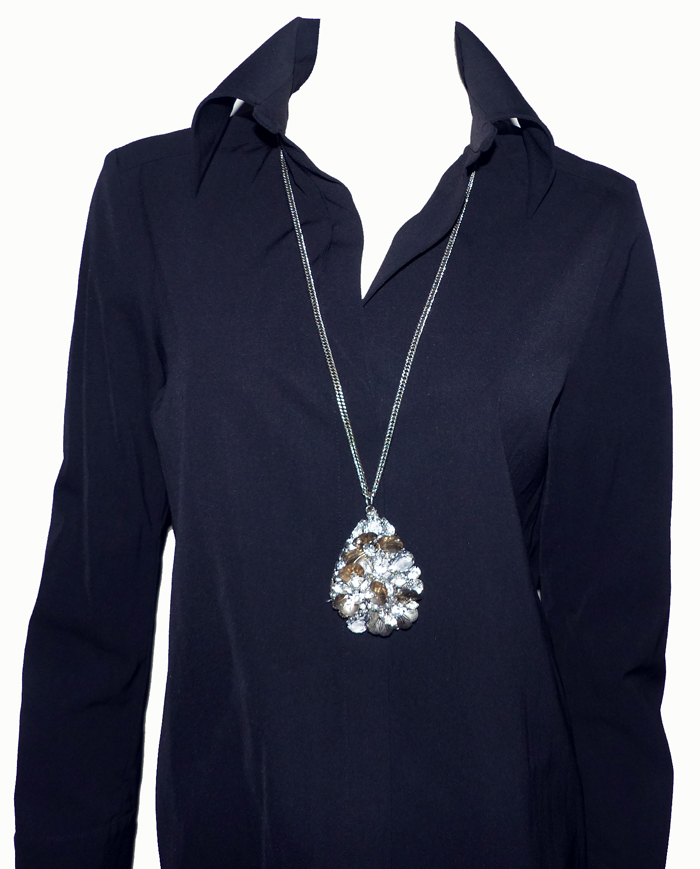 Collier Sautoir Avec Broche Fleur - Strass Blanc, Perles, Couleur Vieux Rose, Neuf Fantaisie
