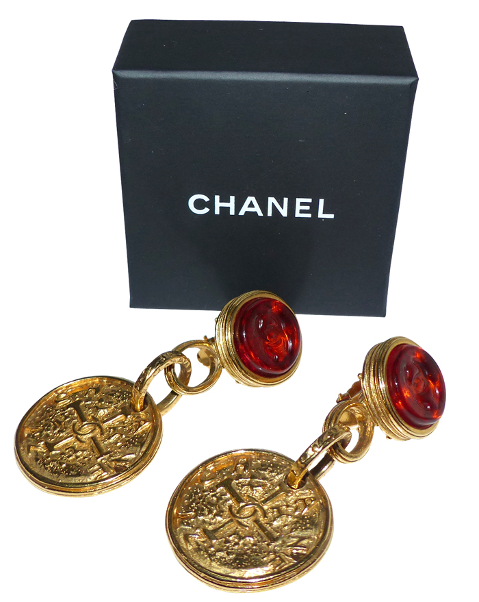 Boucles D'oreilles Vintage Emilio Pucci - Pâte De Verre Framboise - Plaqué Or 24k