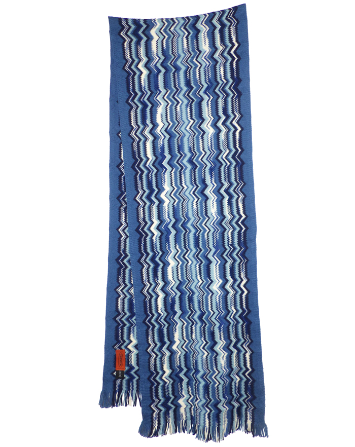 Écharpe Missoni Italy Signature - Soie 100% - Motif Zig-Zag Géométrique Bleu - Neuf