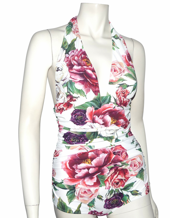 Maillot De Bain Bikini Dolce & Gabbana Rose Blanc Fleuri - Taille L (4It) - Halter - État Parfait